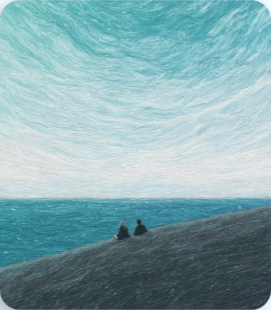 Pintura de duas pessoas contemplando o mar